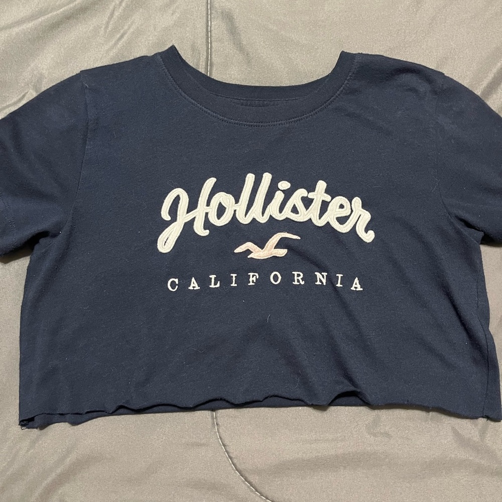 DIY cropped Hollister simple navy blue short sleeve T-shirt
